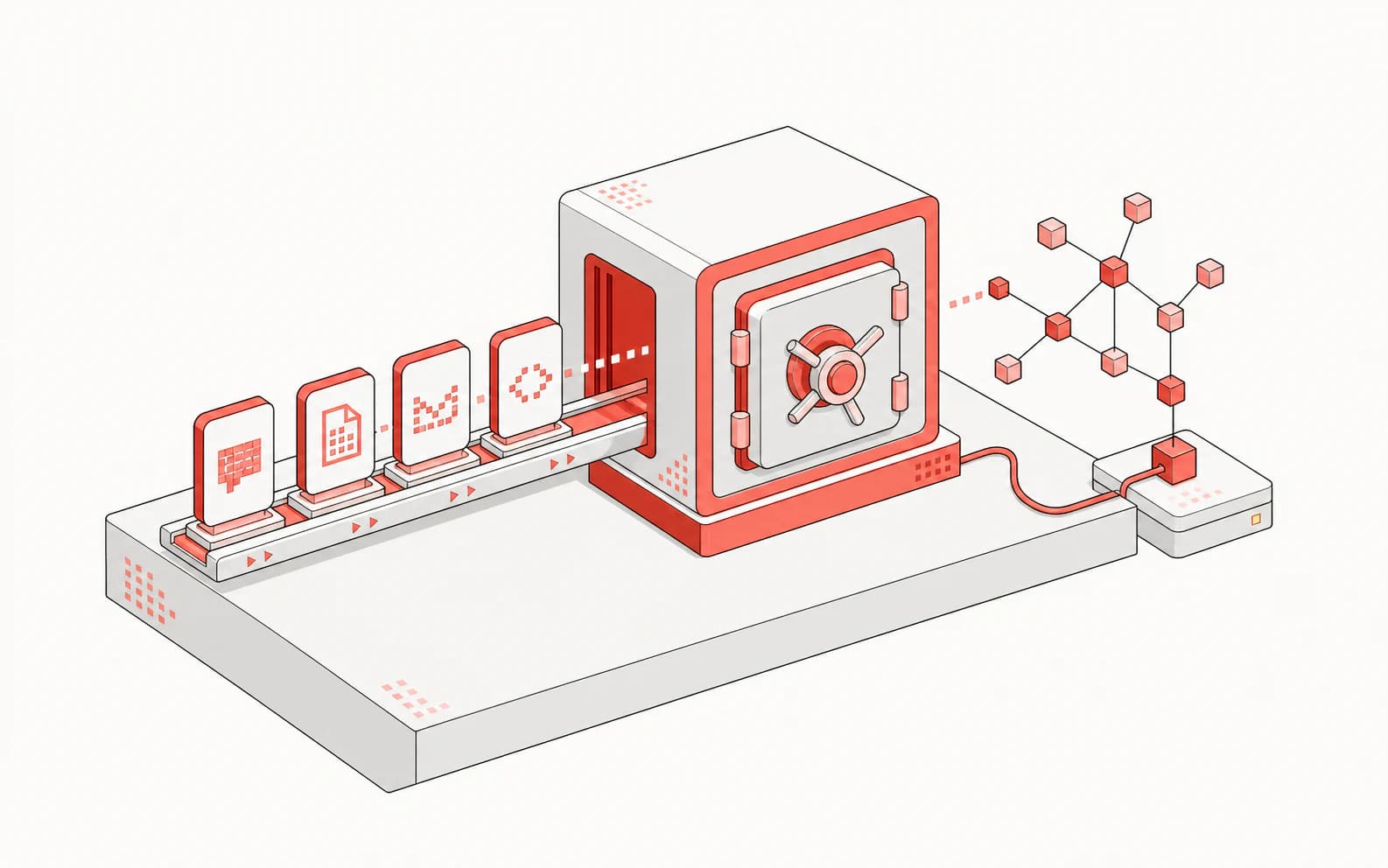 Flat isometric illustration of white and coral archive cartridges entering a secure local vault, with a knowledge graph and agent port emerging on the other side