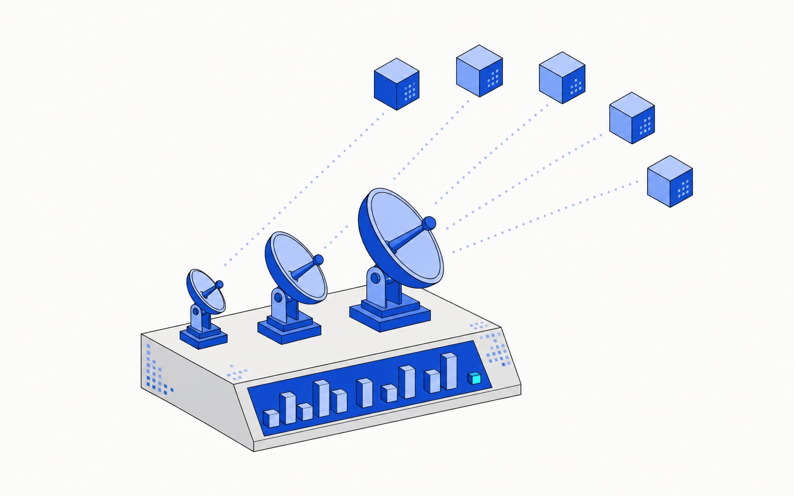 Flat isometric illustration: a bench of three radar dishes listening to five floating model tokens, with a bar readout on the instrument face