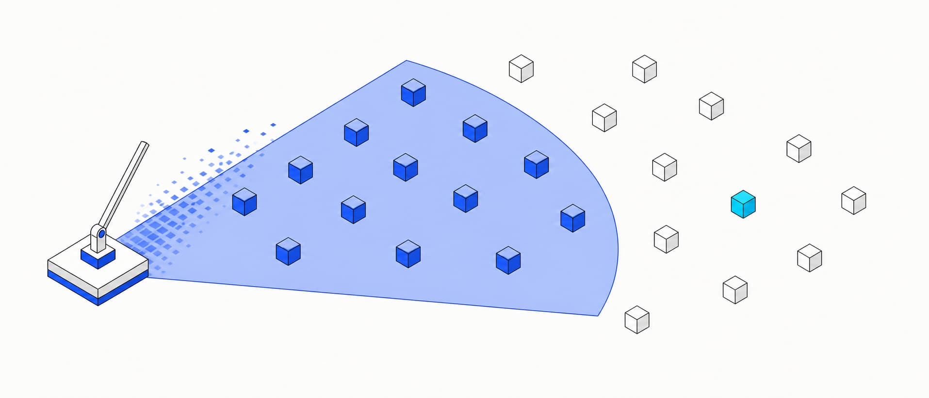 Flat isometric illustration: a radar arm sweeps a cobalt arc across a field of cube tokens; swept tokens are lit solid and unswept tokens remain pale outlines