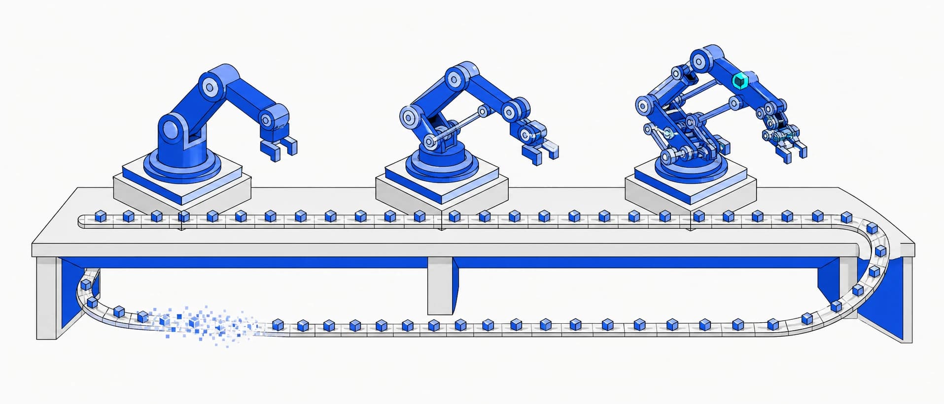Isometric illustration: three generations of the same mechanism on one bench, joined by a conveyor that loops back to the first.