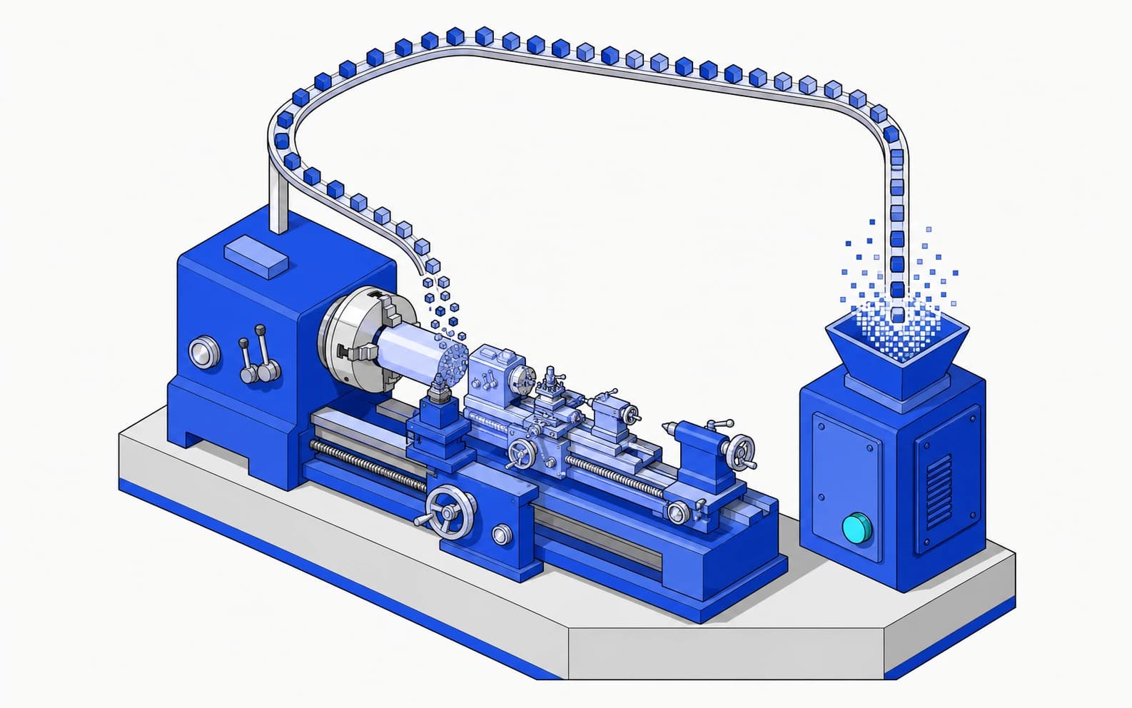 Isometric illustration: a lathe machining a finer copy of itself, its output looping back into its own hopper.