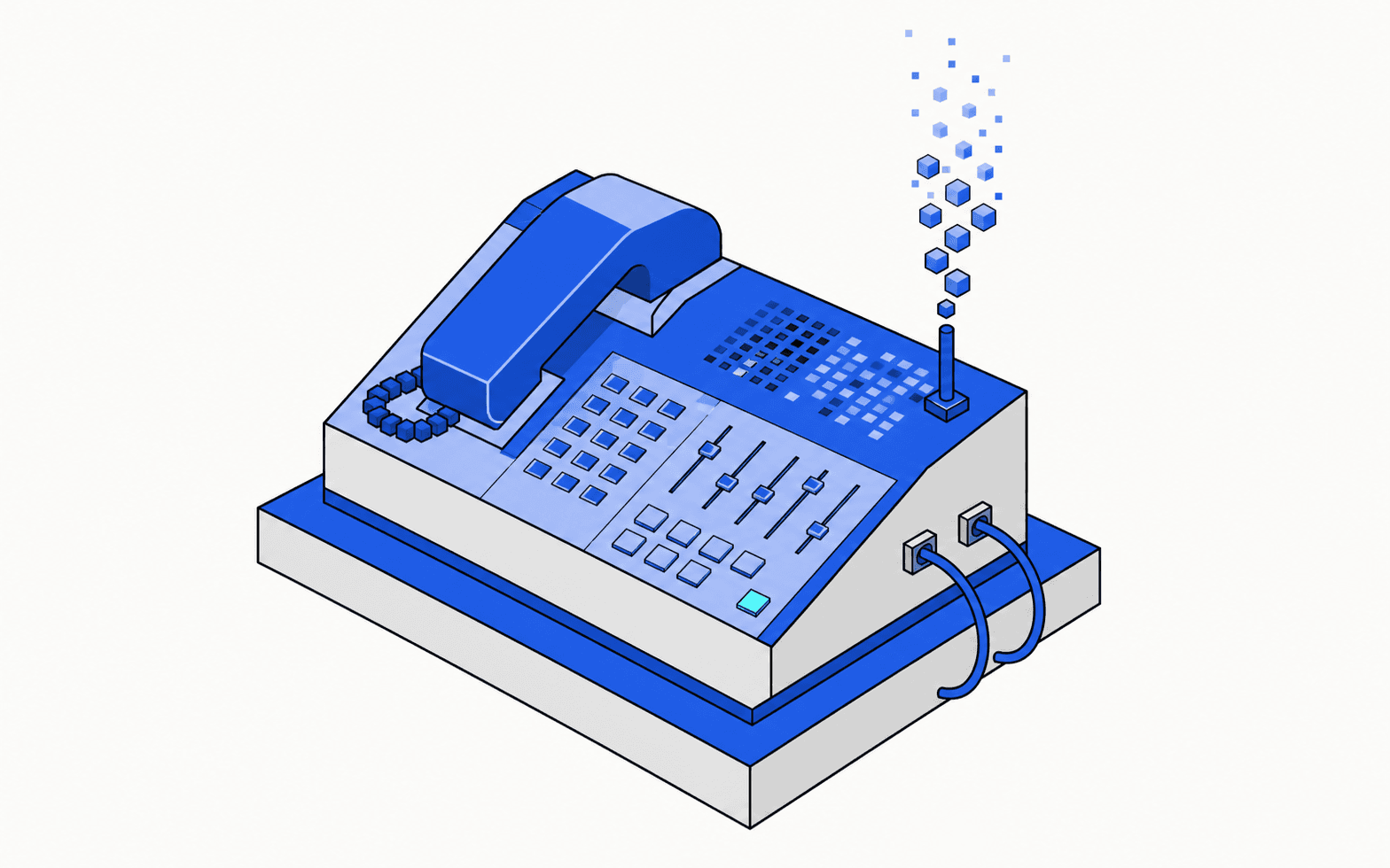 Flat isometric illustration: a cobalt intercom and switchboard station on a plinth, with a handset in its cradle, patch cables running to side ports, and an antenna emitting a rising stream of pixel cubes.