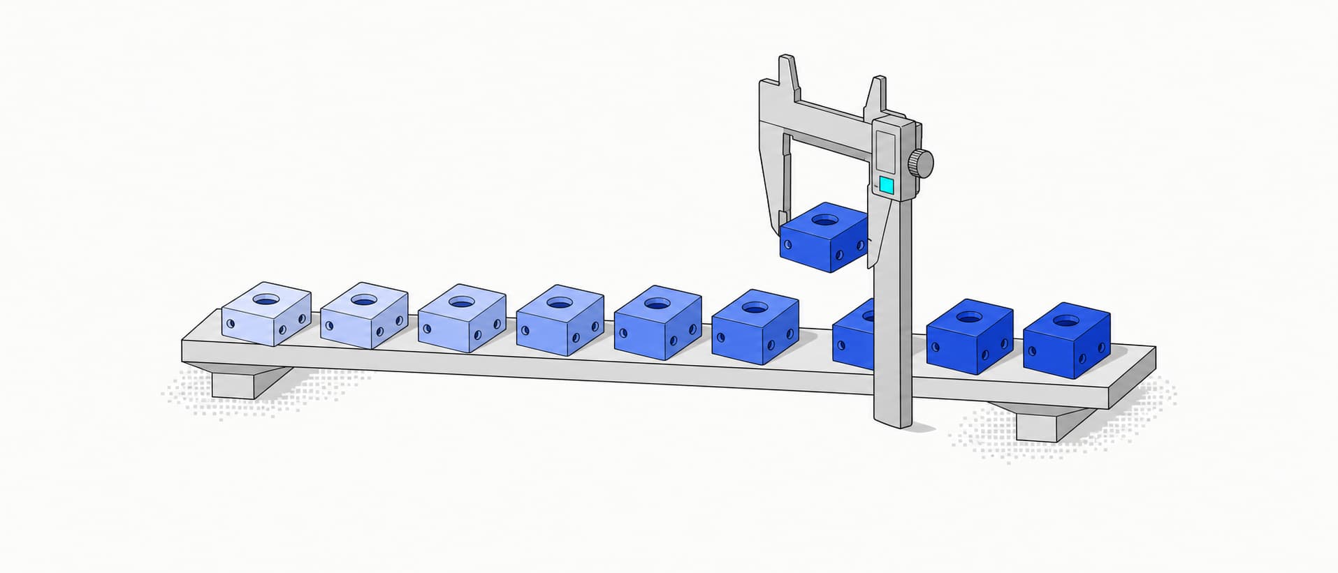 Flat isometric illustration: a row of machined blocks in graduated cobalt shades resting on a parts rack, with a precision caliper closed around one block lifted proud of the row.