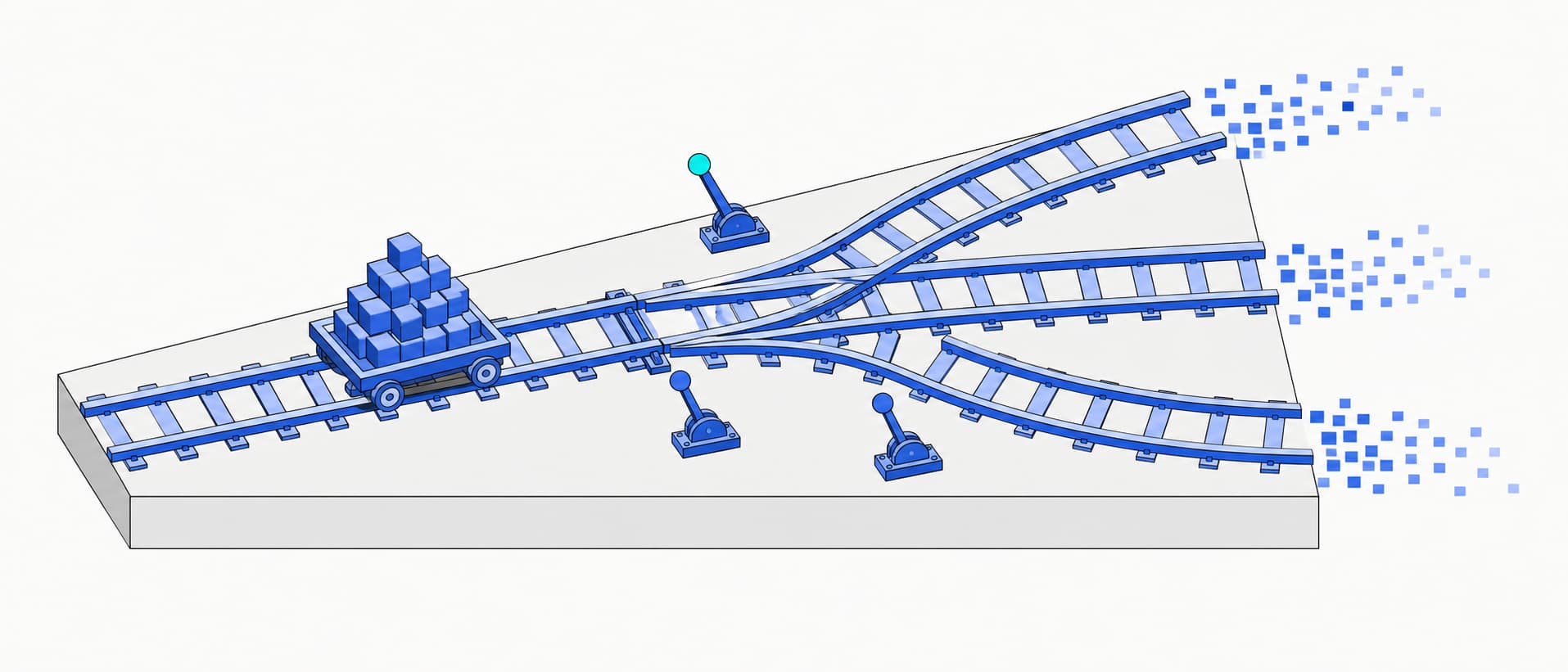 Flat isometric illustration of a railway switchyard: a single track runs into a set of machined points levers where it splits into three diverging routes, a cart loaded with stacked pixel cubes waits before the switch, and the three routes fade out into scattered dither squares.