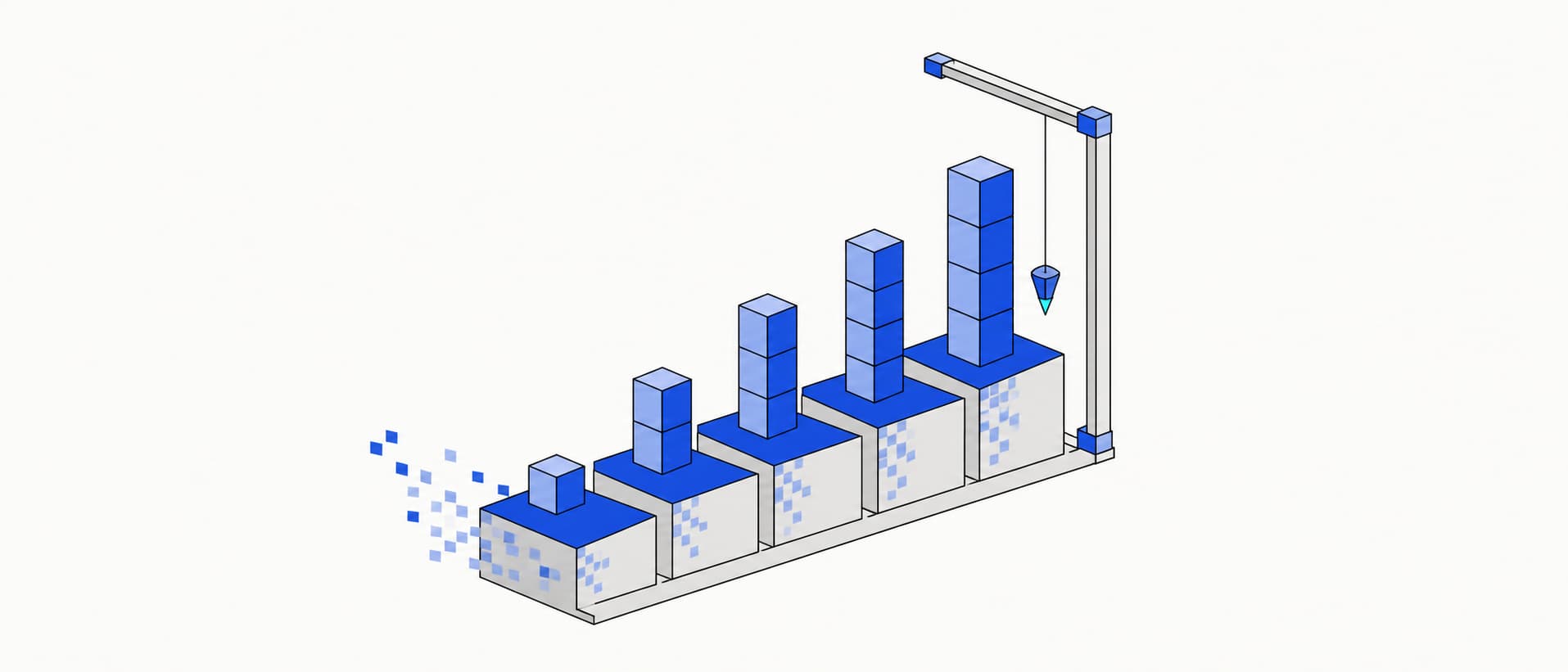 Flat isometric illustration: a stepped podium of five machined steps, each carrying a stack of pixel cubes of a different height, with a plumb bob hanging from an overhead gantry to measure the tallest stack.