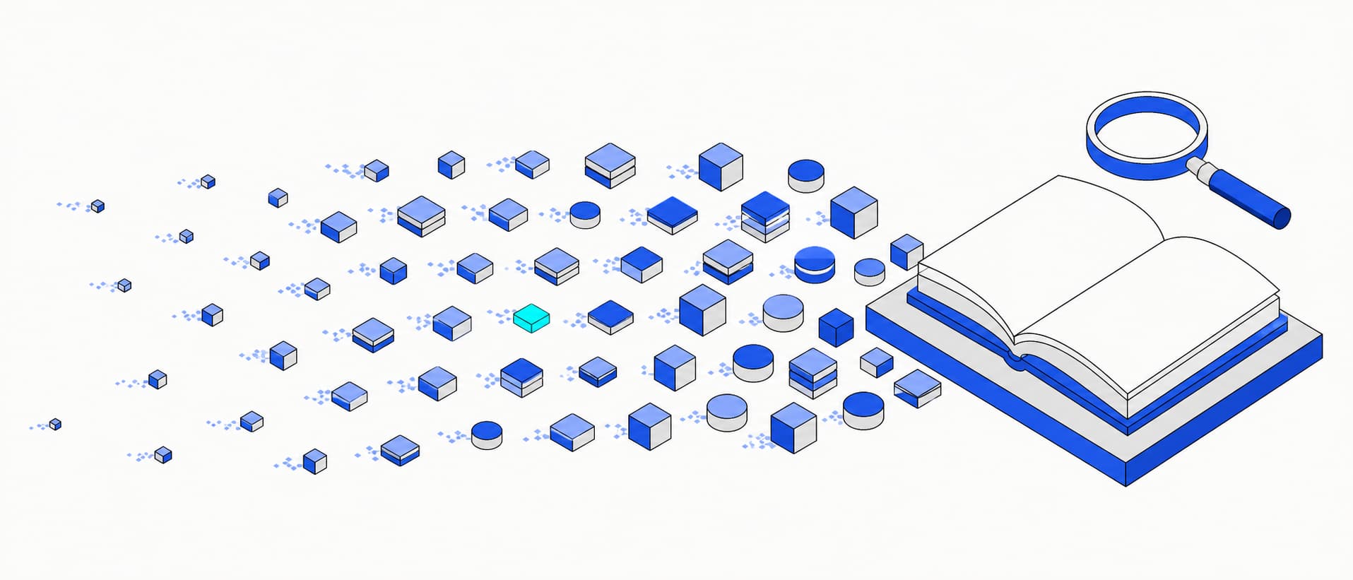Flat isometric illustration: token blocks streaming into an open book under a magnifying lens