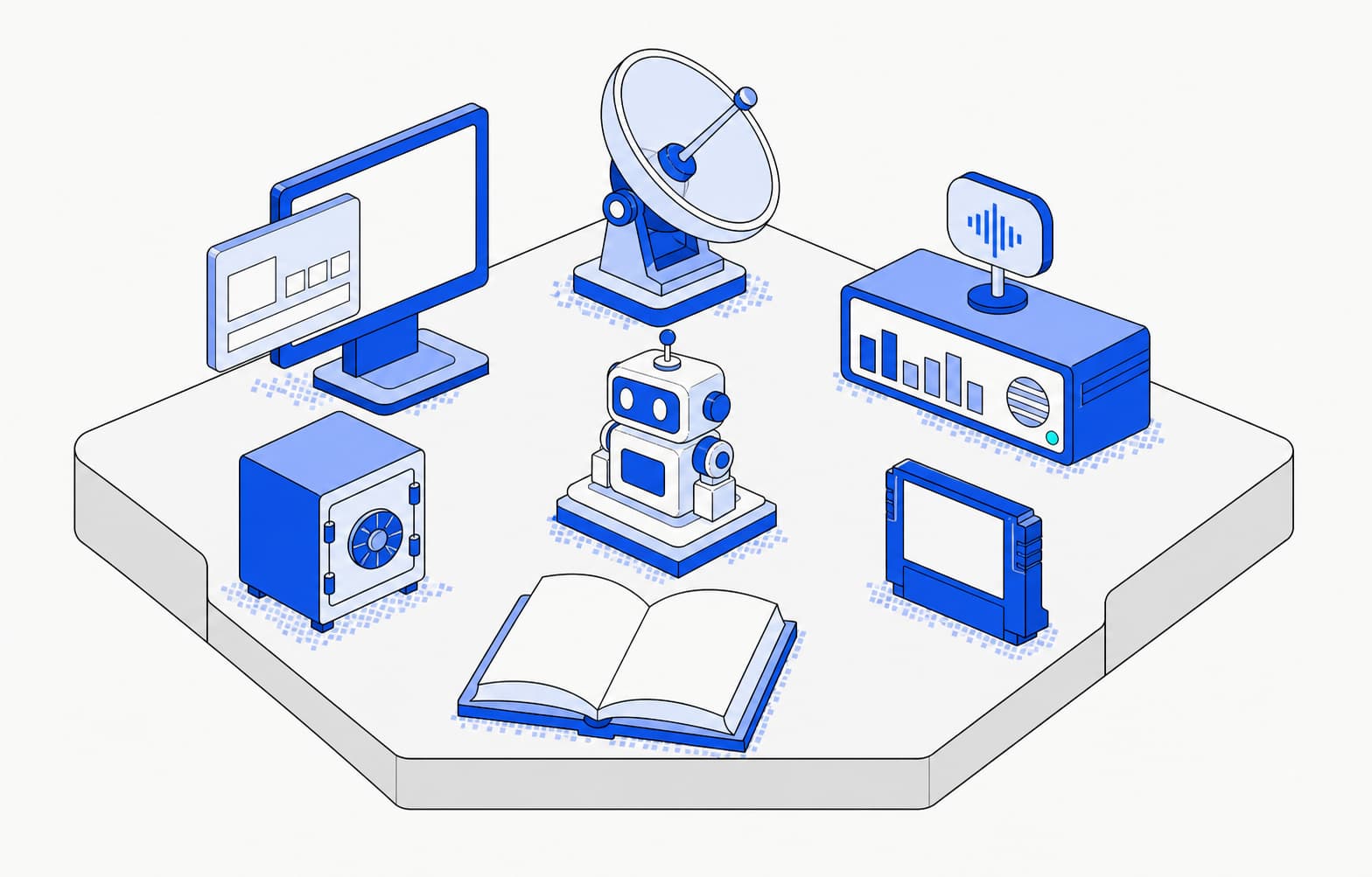 Flat isometric illustration of the Omni Labs bench: seven instruments on a hexagonal platform