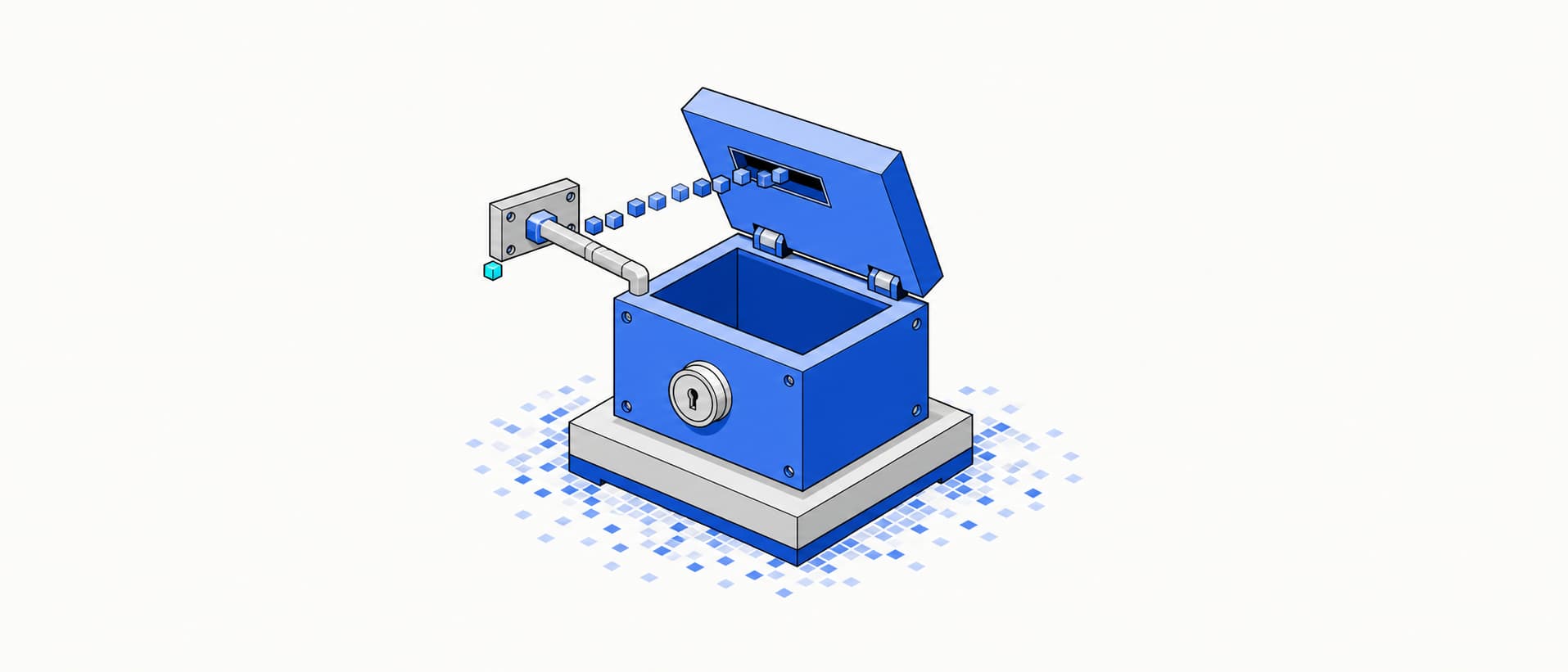 Flat isometric illustration: a heavy strongbox standing on a plinth, a conduit above it feeding a single file of small cobalt pixel cubes down into a slot in its lid. Nothing leaves the box.