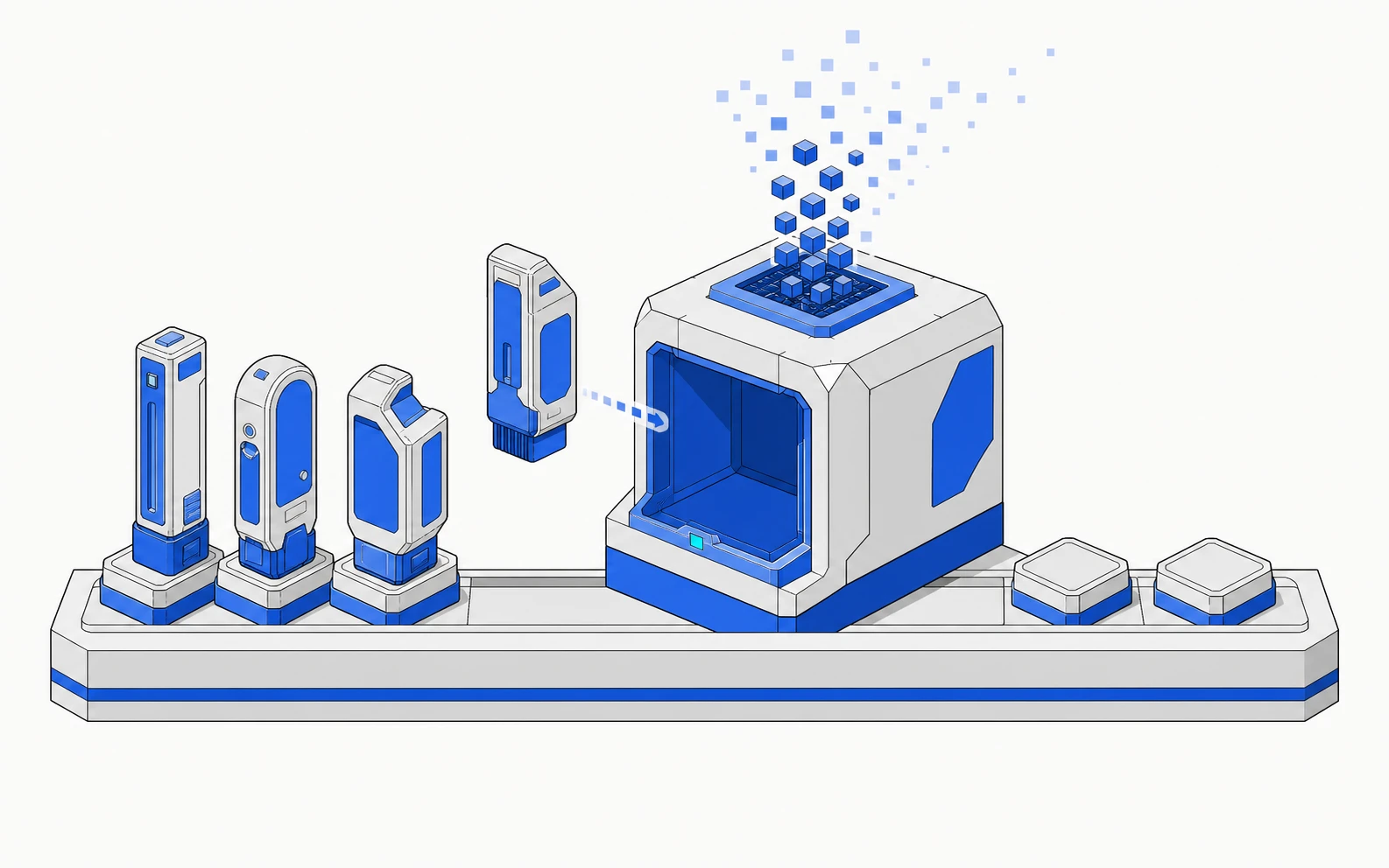 Flat isometric illustration of a cobalt tool-cartridge dock: three cartridges on a rail, one lifting into the housing's open bay, and two empty pedestals waiting