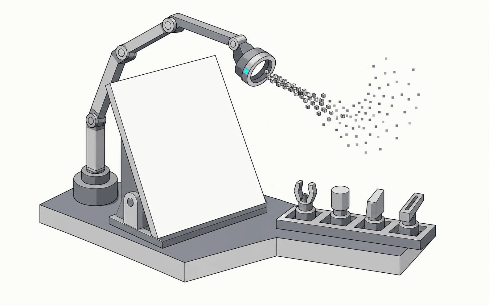 Flat isometric illustration of a graphite sensing arm reading a blank panel, with interchangeable machined tool heads on a rail beside it and pixel cubes streaming through the lens