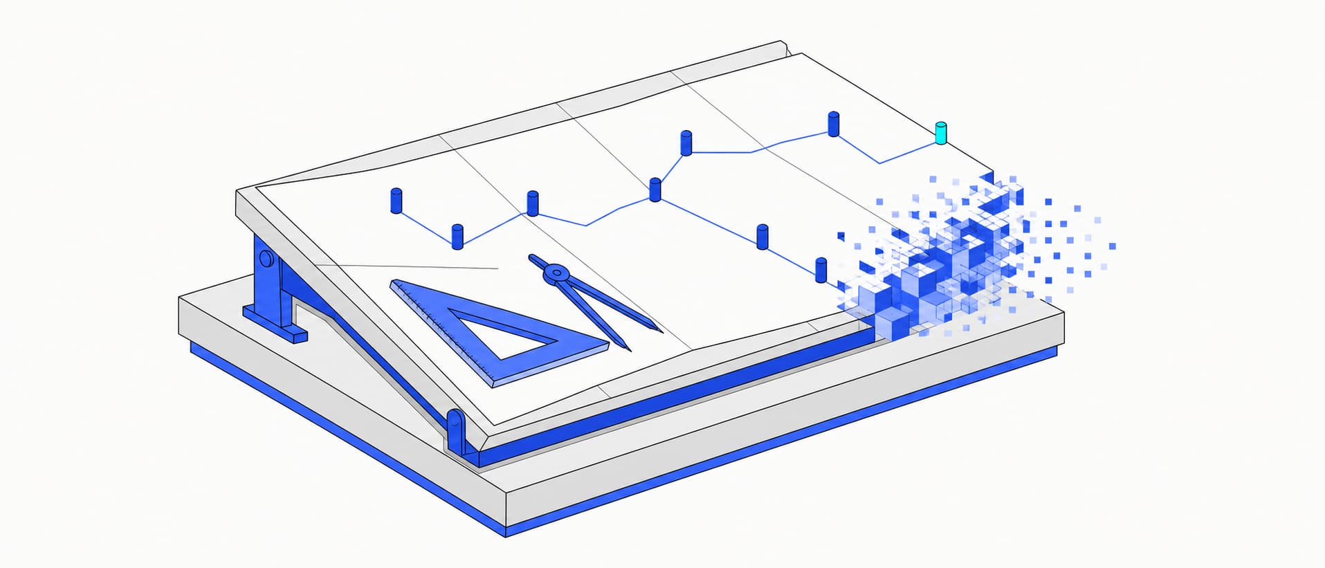 Flat isometric illustration: a drafting table carrying a folded survey sheet, a set square and a pair of dividers, with cobalt marker pins at waypoints joined by a routed line and pixel cubes dissolving off one edge of the sheet.