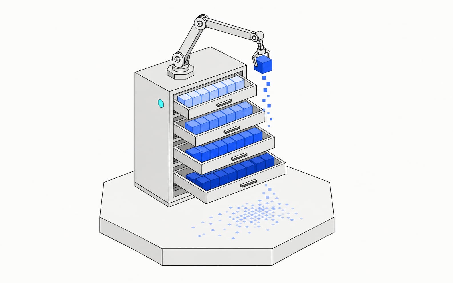 Flat isometric illustration of a specimen cabinet on a hexagonal plinth: drawers pulled out at staggered depths hold rows of cobalt blocks in graduated shades while a sorting arm lifts one clear and pixel cubes fall away into dither
