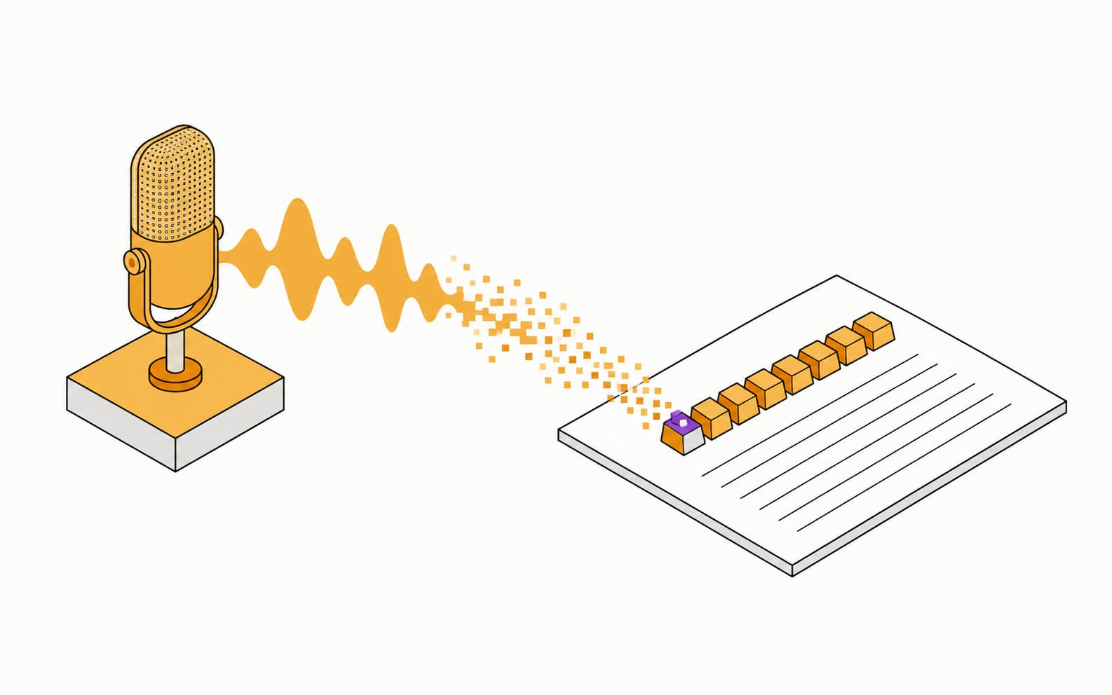 Flat isometric illustration: a microphone's waveform dissolves into pixel squares and lands as a row of keycaps on a document plane