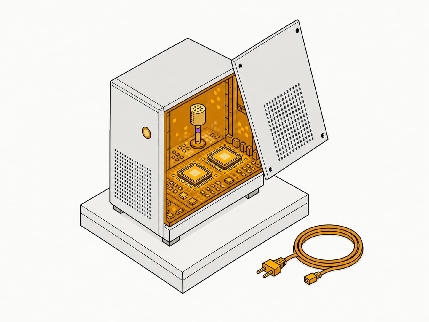 Flat isometric illustration: a compact computer tower with its side panel open, a microphone and two model chips inside, and an unplugged cable coiled beside it